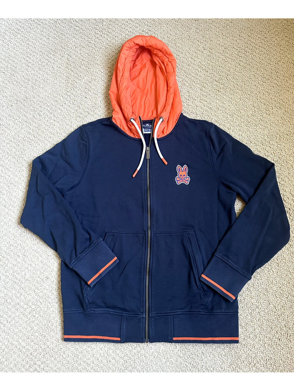 Psycho Bunny Hoodie Mens Small Full Zip Blue Orange Contrast Hood Drawstring EUC